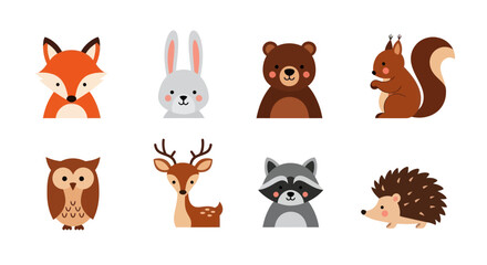 Fototapeta premium Cartoon animal portraits fox rabbit bear squirrel owl deer raccoon hedgehog