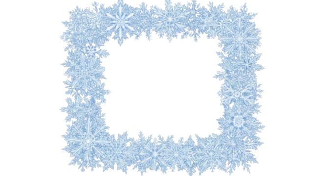 Delicate blue ice crystal snowflake frame for winter greetings on a transparent background, PNG image