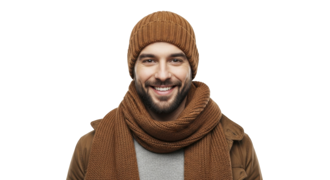  Young smiling man wearing a brown knitted beanie and warm brown scarf for winter on a transparent background PNG file