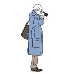 Man taking photos in blue coat – casual autumn fashion illustration (color)