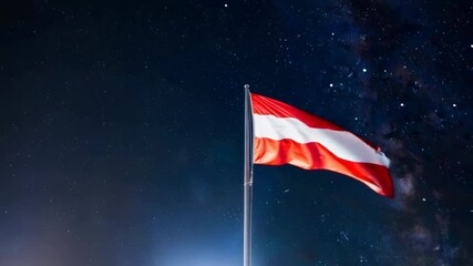 Austria flag waving on pole under dark starry night sky, patriotic country symbol for independence day or national celebration