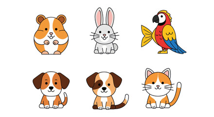 Fototapeta premium Cartoon animals collection hamster rabbit parrot dog cat illustrations