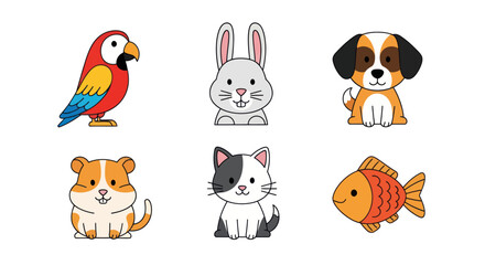 Naklejka premium Cartoon animals collection parrot rabbit dog hamster cat fish isolated