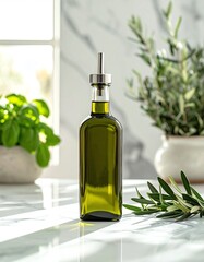 Artisan Olive Oil Bottle with Basil and Olive Branch