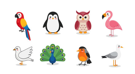 Cartoon birds collection diverse avian species in playful vector illustration