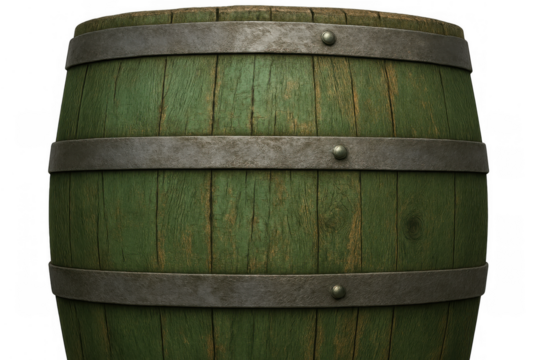 Rustic old green wooden barrel with textured surface and metal hoops. Concept of storage, vintage, tradition