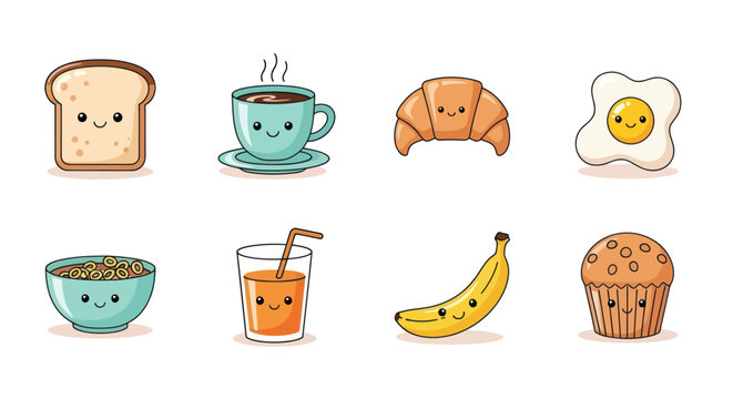Cartoon breakfast food items bread coffee croissant egg cereal juice