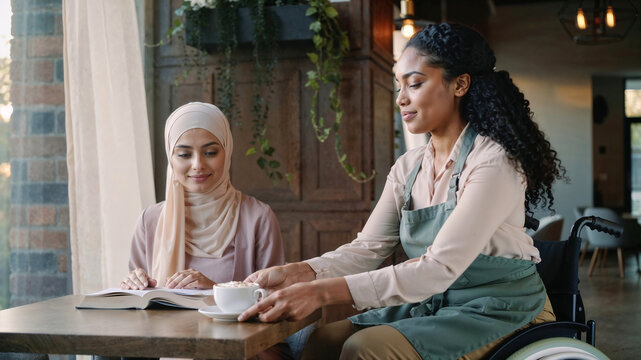 Female black disabled waitress in a wheelchair serving coffee to Muslim woman in modern multicultural coffee shop - Powered by Adobe