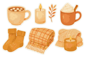 Cozy autumn flat icon set. featuring hot chocolate, candles, sweater, cozy socks, plaid blanket, fall leaf