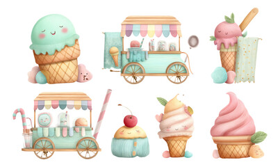 Playful Ice Cream Cart Collection with Cute Characters and Colorful Cones
