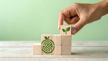 Hand placing wooden block with sprout icon atop sustainability fingerprint stack on green backdrop in progressive eco development concept.