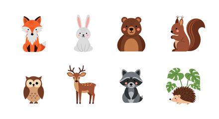 Cartoon forest animals illustration fox rabbit bear squirrel owl deer