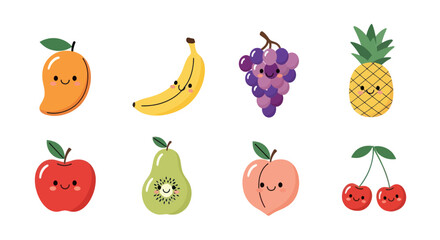 Cartoon fruits collection mango banana grapes pineapple apple pear peach cherries