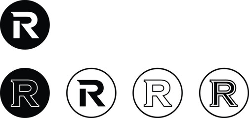Monogram R circle logo variations, modern and serif R emblems, black and white vector icons, branding, vintage and contemporary typography studies
