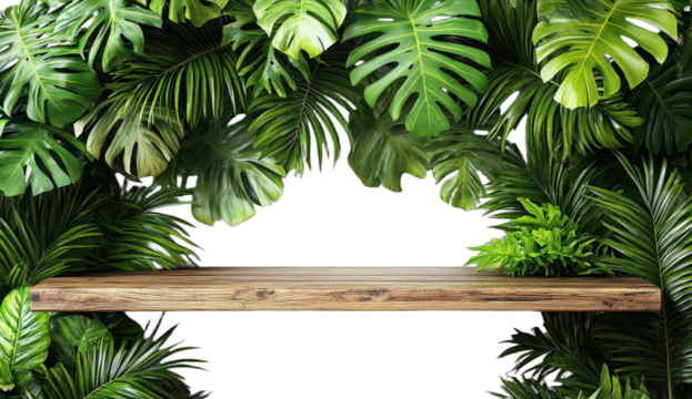 Wooden shelf surrounded by lush tropical green leaves