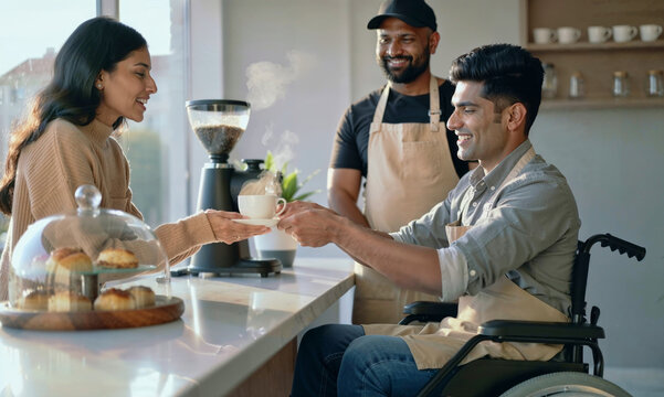 Smiling barista with disability in wheelchair serving steaming hot cup of coffee to happy female customer at the counter of modern coffee shop. Focus on the barista