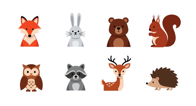 Cartoon forest animals illustration fox rabbit bear squirrel owl raccoon deer hedgehog