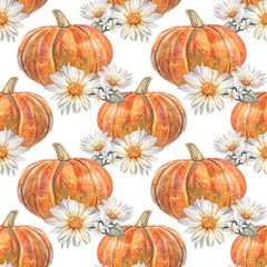 Watercolor autumn seamless pattern with pumpkin and chamomile on white background. Hand-drawn bloom flower chrysanthemum or daisy for card. Art with vegetable for invite. Wallpaper or wrapping
