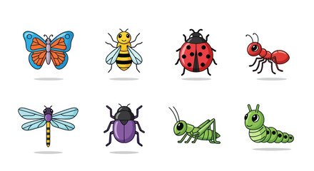 Cartoon insects collection butterfly bee ladybug ant dragonfly beetle