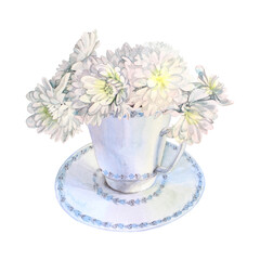 Watercolor bouquet with flower chrysanthemum in cup isolated on white background. Hand-drawn clipart for sticker or sketchbook. Romantic object for wedding celebration card. Wallpaper or wrapping