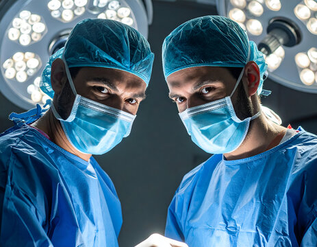 Two focused male surgeons in masks and scrubs under bright OR lights. Intense and dedicated medical professionals ready for operation.