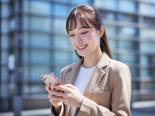 スマホを操作する笑顔の女性　Generative AI