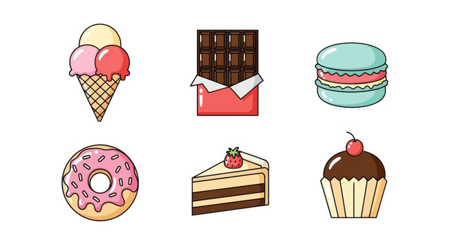 Assortment of desserts ice cream chocolate macaron donut cake and cupcake