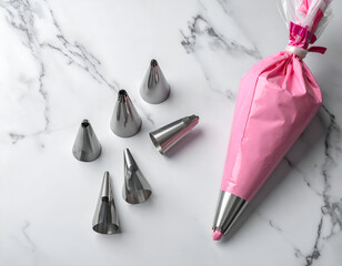 Pink piping bag with various metal icing nozzles on an elegant marble surface, ready for baking and dessert decoration.