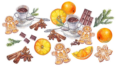 Watercolor set with cup of chocolate and Christmas gingerbread man with spice condiment isolated on white background. Celebration winter food for New Year dessert. Clipart with cookie for wallpaper