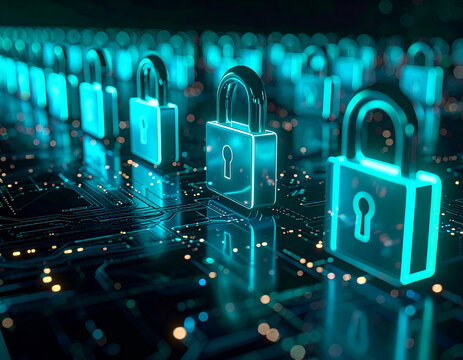 Digital security padlocks glow on a circuit board, symbolizing robust data protection, cybersecurity, and network privacy in a high-tech future.