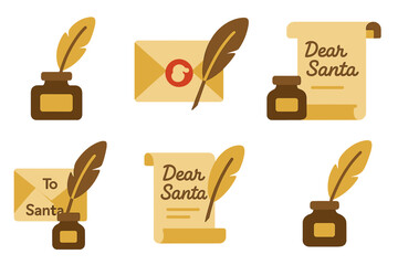 Christmas letter flat icon set. featuring ink bottle, feather, envelope, dear santa scroll