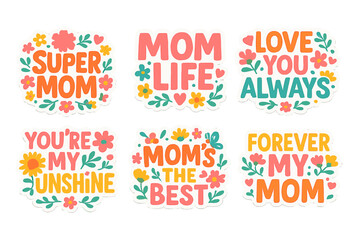Mother's day flat icon set. featuring super mom, mom life, love you always, and forever my mom designs