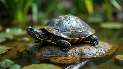 Obraz premium Majestic turtle resting peacefully on rock in serene pond, basking in the sunlight, a symbol of longevity and grace in nature's embrace
