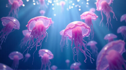 Enchanting bloom of jellyfish gracefully dance in the deep blue sea, illuminated by shimmering sunlight creating a mesmerizing and vibrant underwater scene