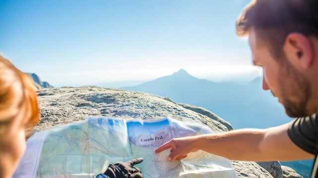 An adventurous couple plans their hiking route with a map while enjoying the scenic view from a mountain summit