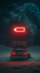 Out of power: Dramatic view of an abandoned car with its hood up, set against a dark, stormy sky and a neon battery symbol glows above.