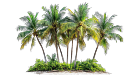 Tropical palm trees on a small sandy island with green foliage