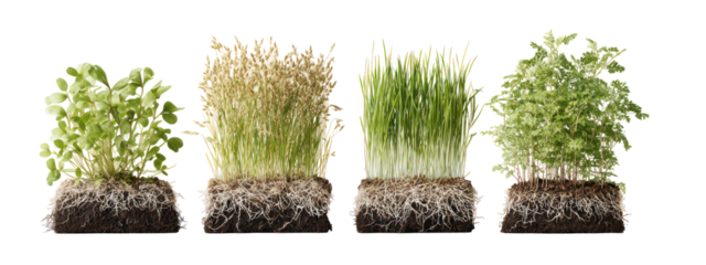 Four different types of seedlings with roots isolated on transparent background