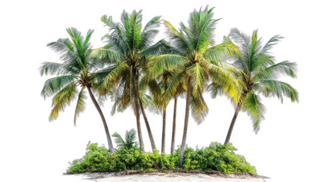 Tropical palm trees on a small sandy island with green foliage