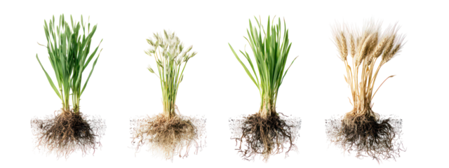 Four wheat plants with healthy and unhealthy root systems isolated on transparent background