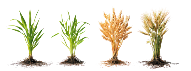 Four stages of wheat growth isolated on transparent background