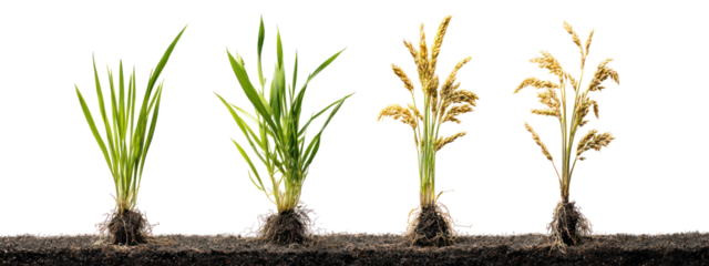 Four stages of rice plant growth isolated on transparent background