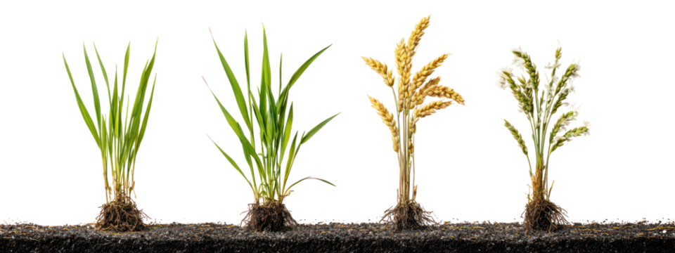 Four stages of rice plant growth isolated on transparent background