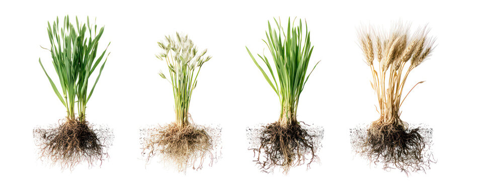 Four wheat plants with healthy and unhealthy root systems isolated on transparent background