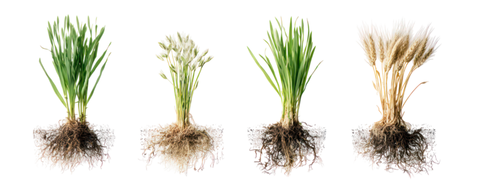 Four wheat plants with healthy and unhealthy root systems isolated on transparent background