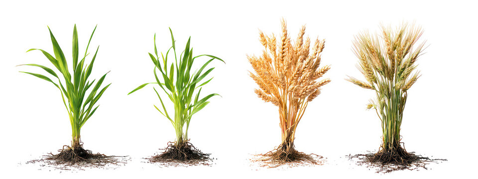 Four stages of wheat growth isolated on transparent background