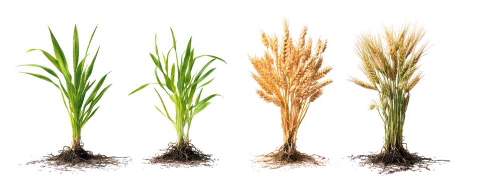 Four stages of wheat growth isolated on transparent background