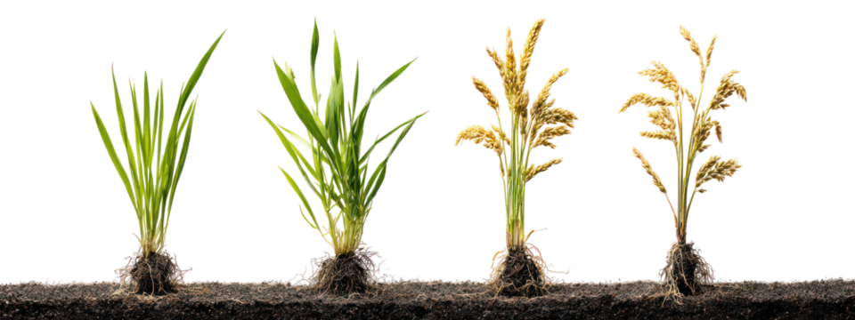 Four stages of rice plant growth isolated on transparent background