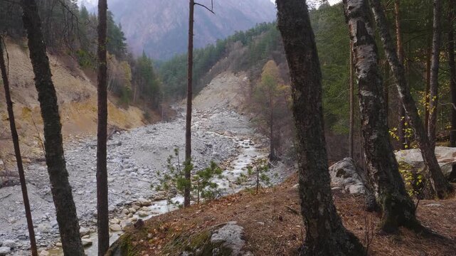 A scenic view of the Tseyskoye Gorge in the Republic of North Ossetia Alania, Russia. The footage captures the rocky riverbed, lush forest, and surrounding mountains, showcasing the natural beauty of 
