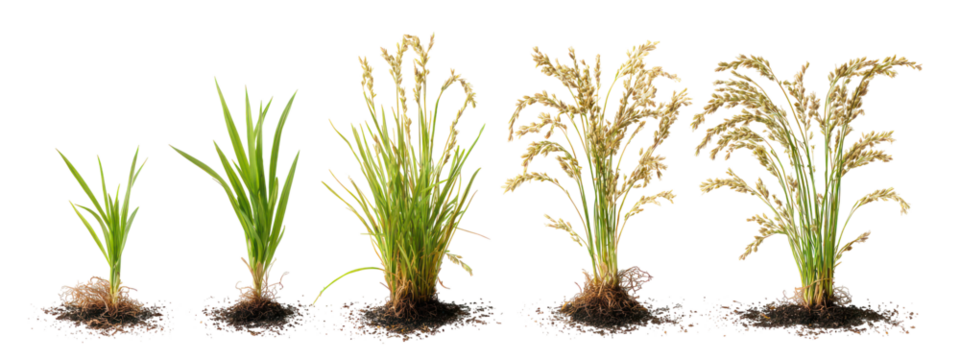 Five stages of rice plant growth isolated on transparent background